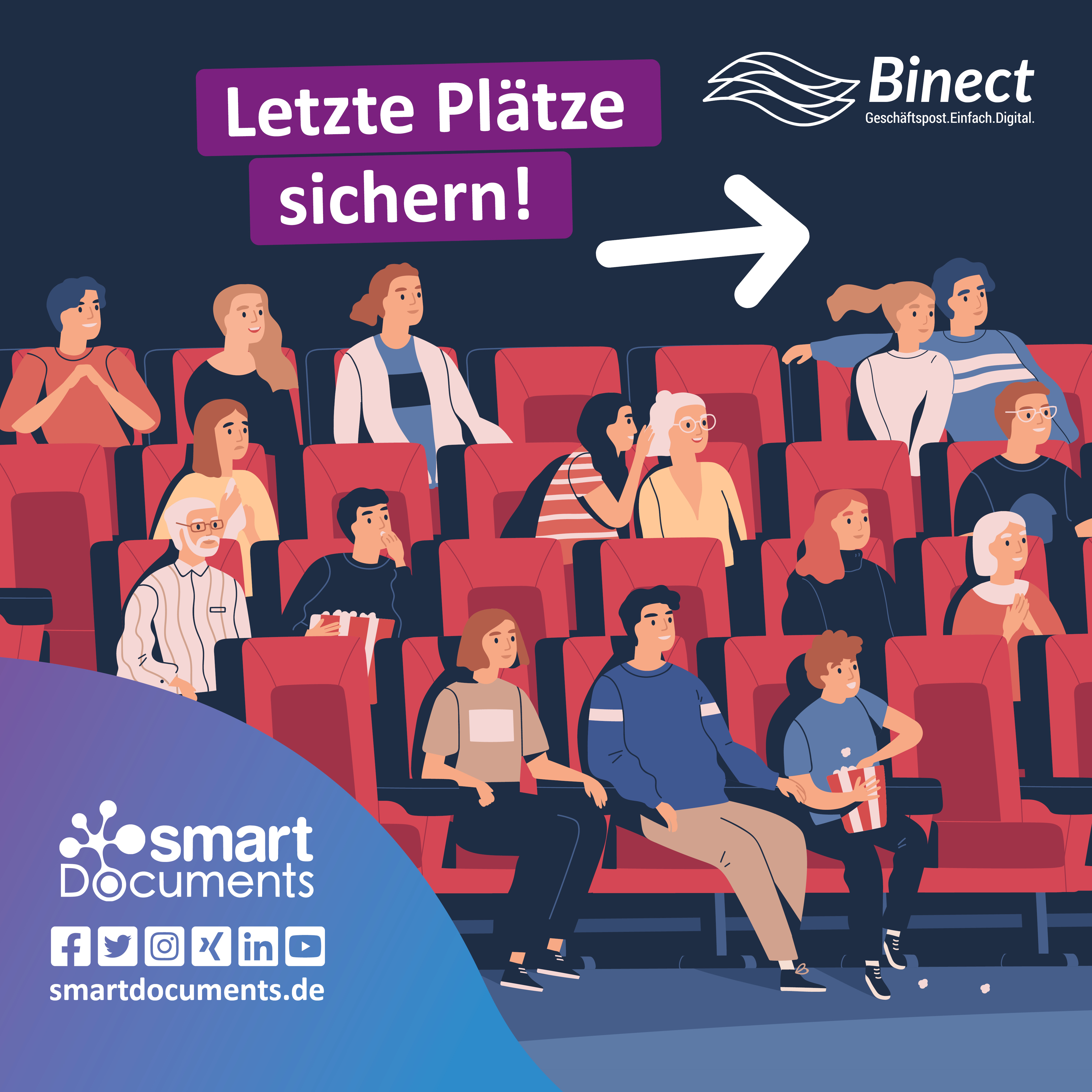 Vektorgrafik: Menschen im Kinosaal mit ein paar leeren Plätzen und dem Slogan "Letzte Plätze sichern!" sowie den beiden Firmenlogos SmartDocuments und Binect