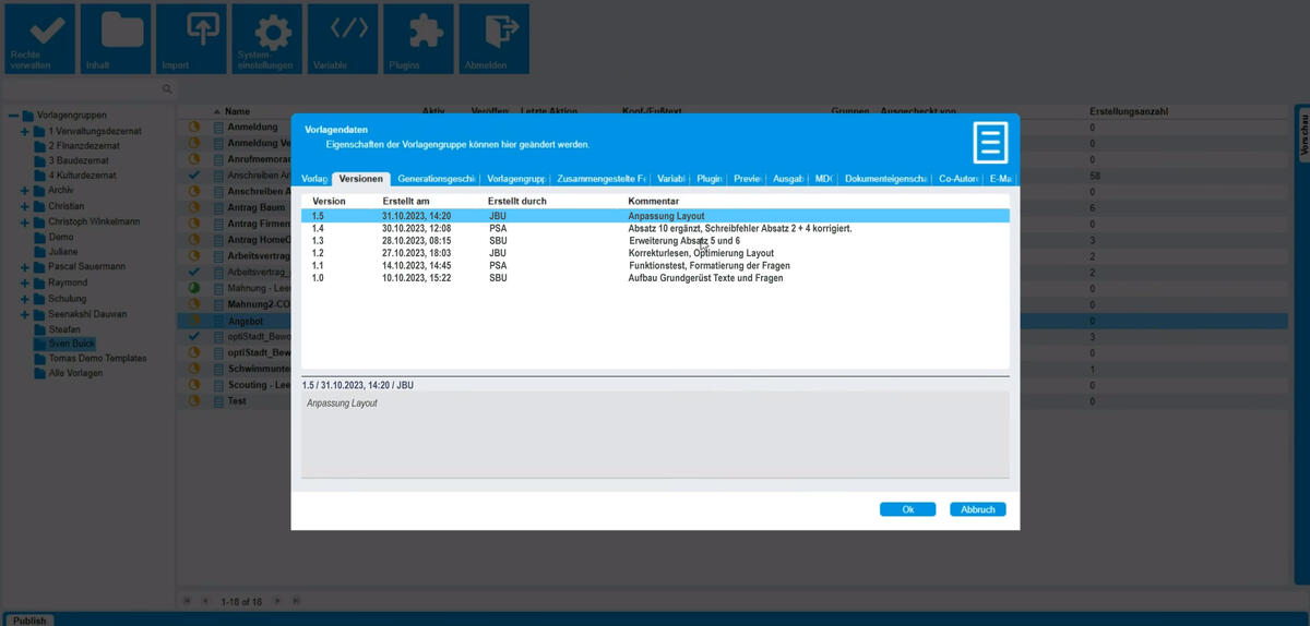 Bild vergrößern: Screenshot innerhalb der SmartDocuments-Software, die eine Übersicht der Versionsdetails einer Vorlage zeigt.
