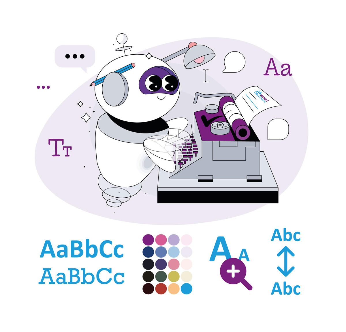 Vektorgrafik: Roboter an der Schreibmaschine, der schönes Dokument erstellt. Darüber hinaus Icons für Schriftart, Schriftfarbe, Schriftgröße und Zeilenabstand