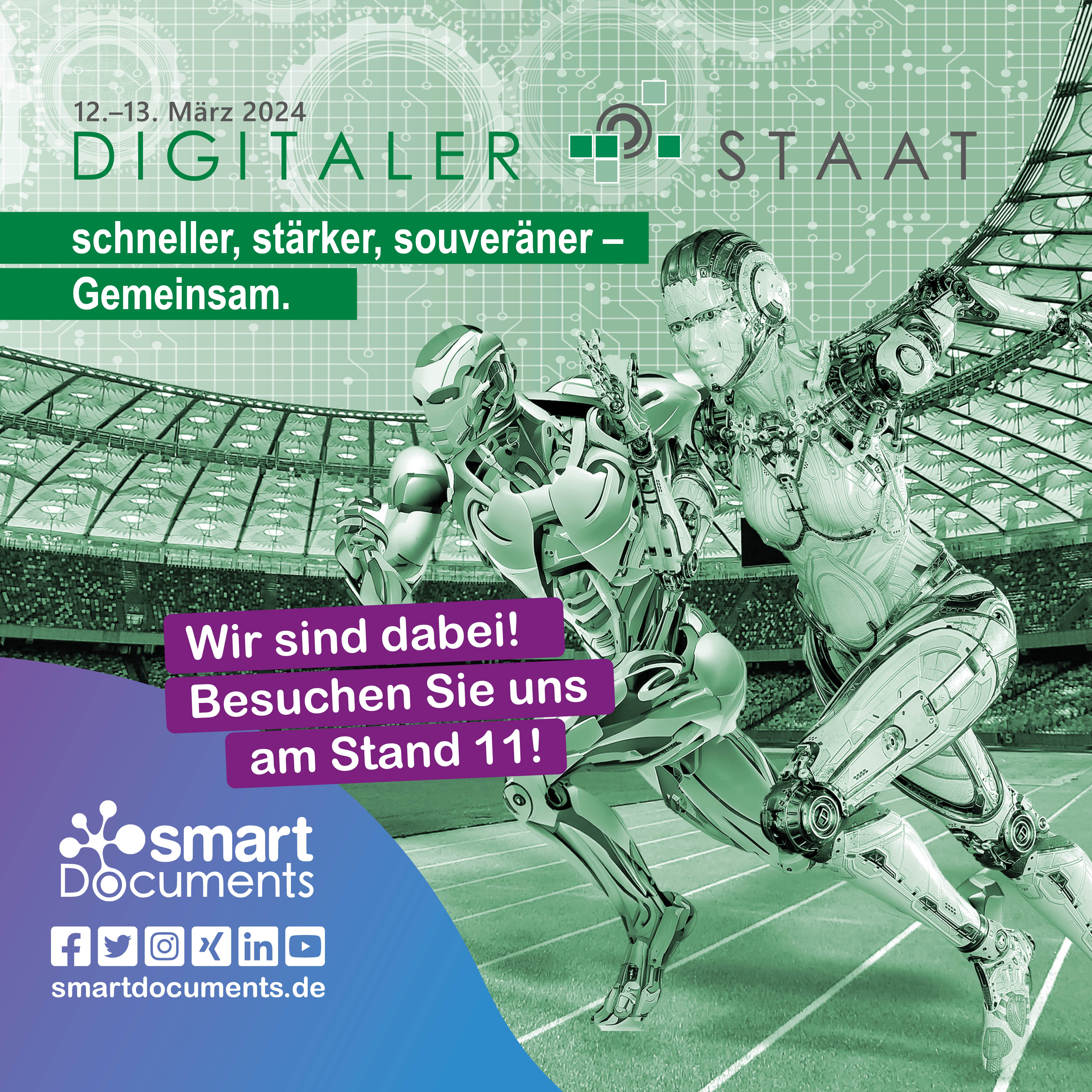 Vektorgrafik: Roboter, die in einer Arena einen Sprint laufen mit dem Logo der Veranstaltung Digitaler Staat und dem Slogan "schneller, stärker, souveräner - GEMEINSAM"