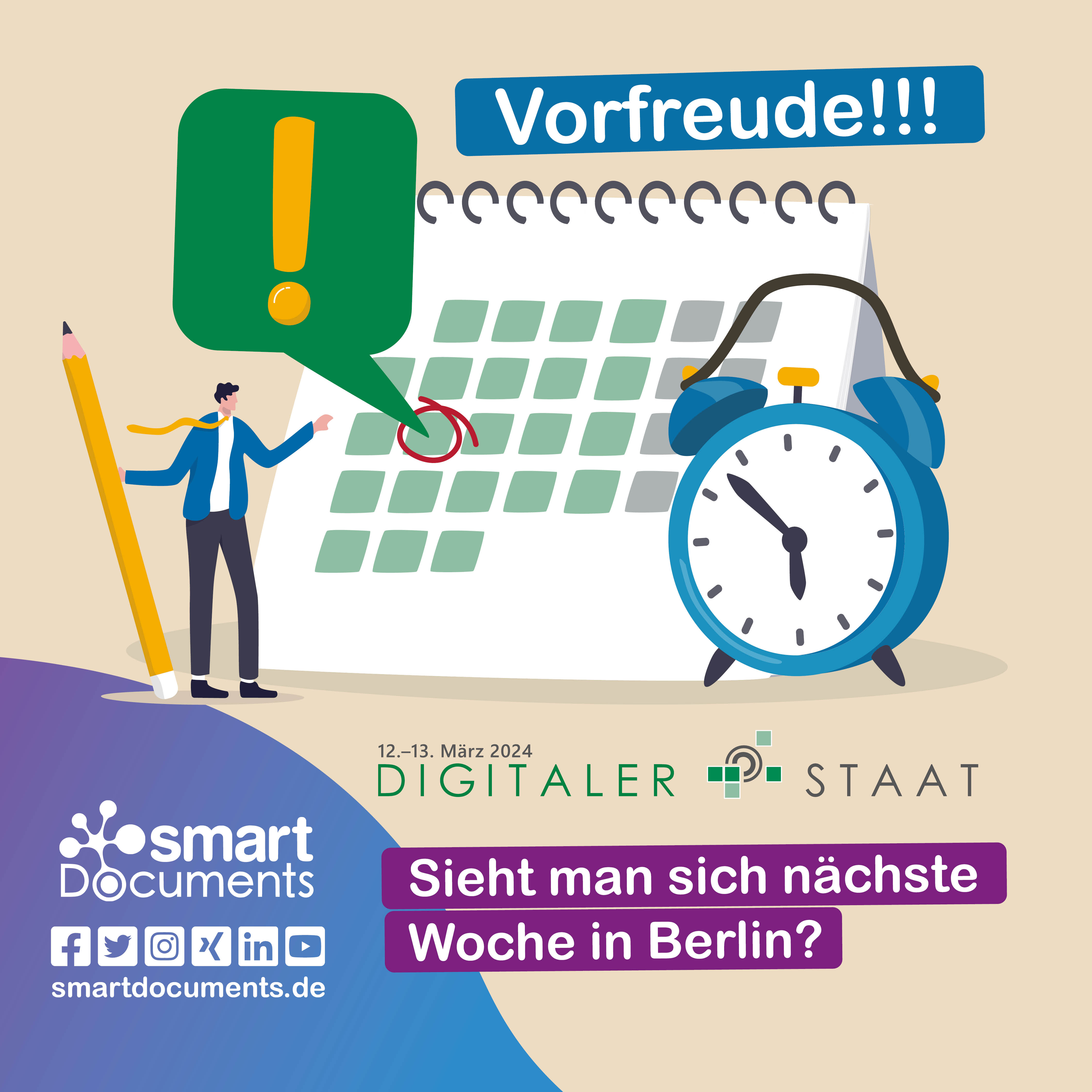 Vektorgrafik Kalender mit markiertem Datum und Wecker sowie dem Logo der Veranstaltung Digitaler Staat