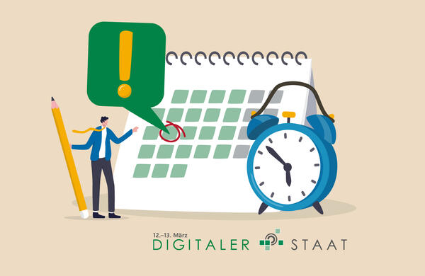 Vektorgrafik Kalender mit markiertem Datum und Wecker sowie dem Logo der Veranstaltung Digitaler Staat