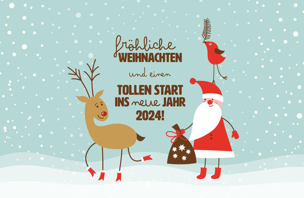 Vektorgrafik: Weihnachtsmann mit Rentier und dem Text: Frohe Weihnachten und einen guten Start ins neue Jahr 2024!