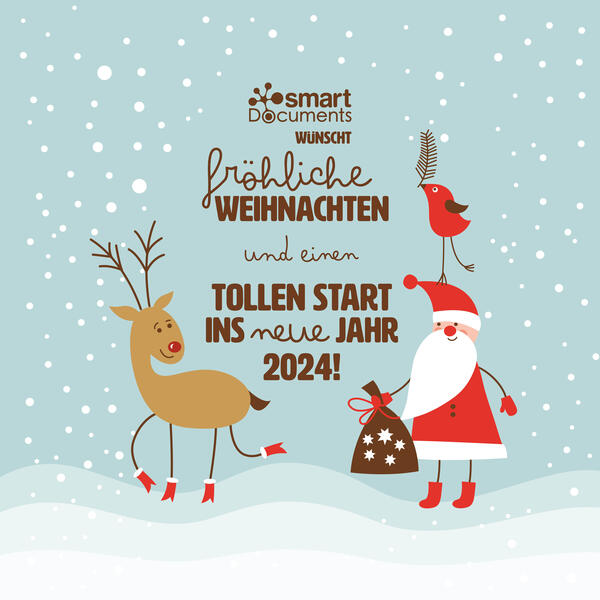 Vektorgrafik: Weihnachtsmann mit Rentier und dem Text: Frohe Weihnachten und einen guten Start ins neue Jahr 2024!