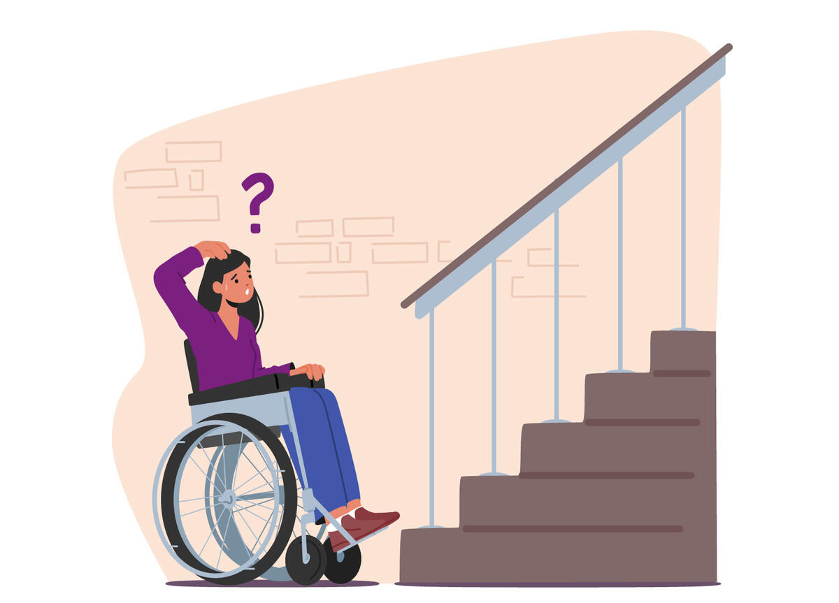Vektorgrafik: Darstellung einer Rollstuhlfahrerin, die vor dem Absatz einer Treppe steht.